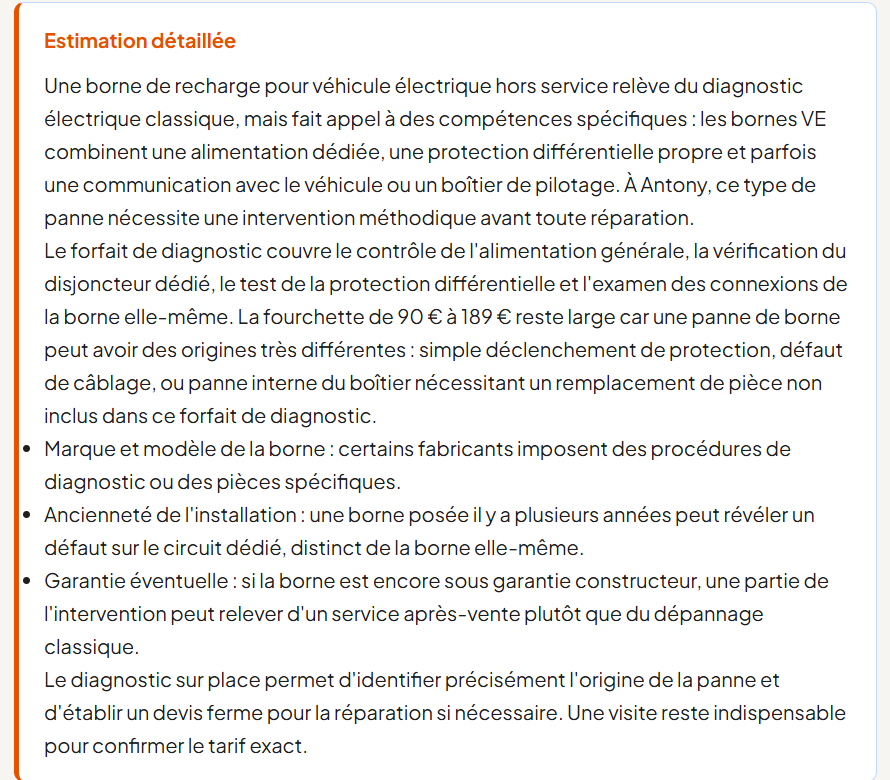 Complément d’estimation rédigé par l’IA sur la page devis d’un artisan électricien : explication de la fourchette, points qui la font varier, rappel que la visite sur place reste nécessaire