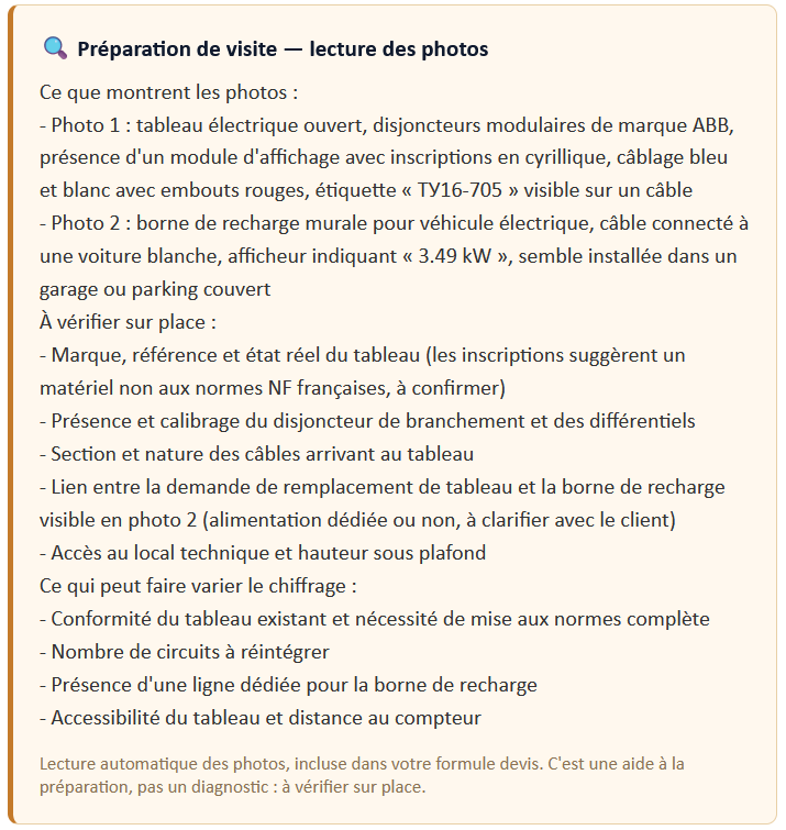 Note de préparation de visite ajoutée au mail de l’artisan : ce que montrent les photos, les points à vérifier sur place et ce qui peut faire varier le chiffrage